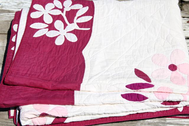 photo of 1930s 40s vintage applique flowers cotton quilt, pink dogwood pattern #7