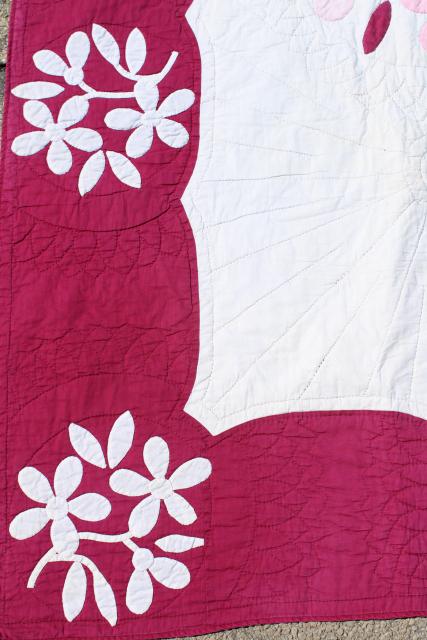 photo of 1930s 40s vintage applique flowers cotton quilt, pink dogwood pattern #8