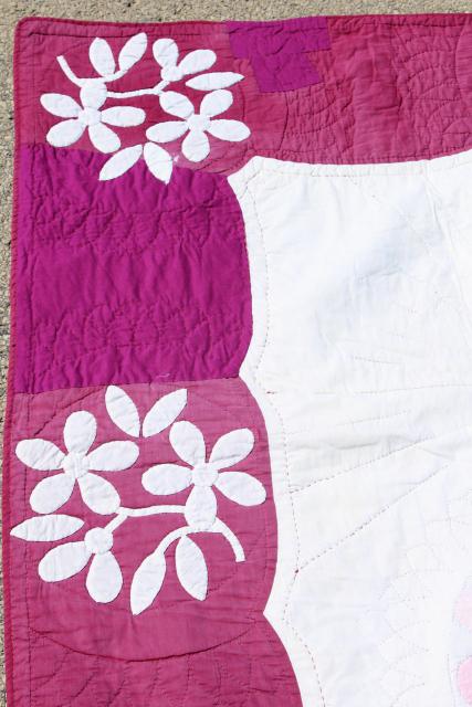 photo of 1930s 40s vintage applique flowers cotton quilt, pink dogwood pattern #9