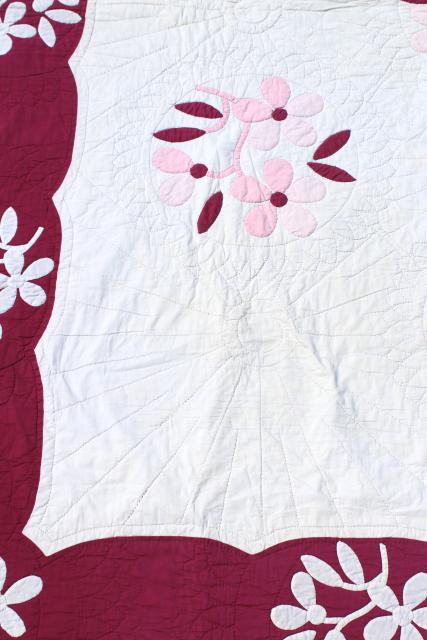 photo of 1930s 40s vintage applique flowers cotton quilt, pink dogwood pattern #10