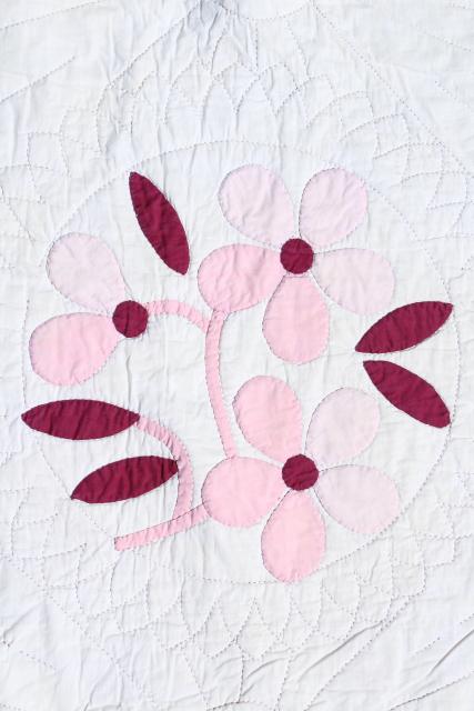 photo of 1930s 40s vintage applique flowers cotton quilt, pink dogwood pattern #11