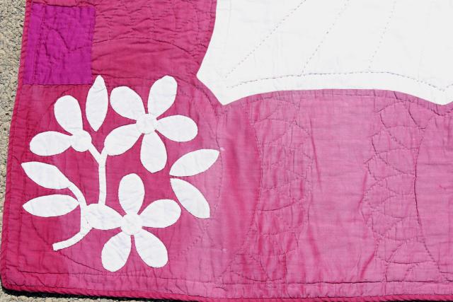 photo of 1930s 40s vintage applique flowers cotton quilt, pink dogwood pattern #12