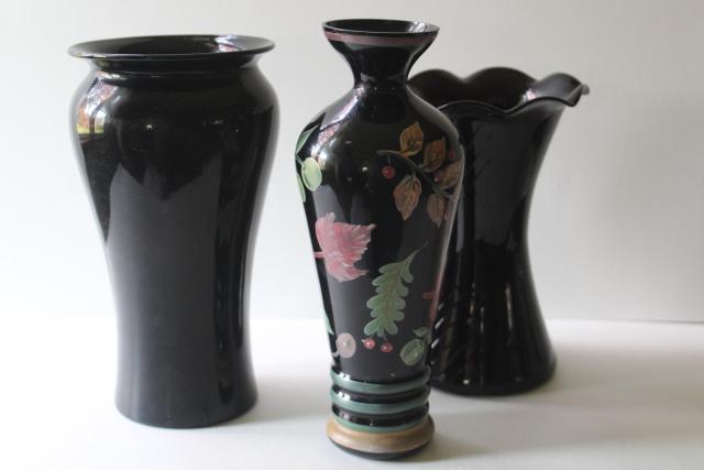 photo of 1930s 40s vintage black amethyst glass vases, art deco hand painted flower vase #1