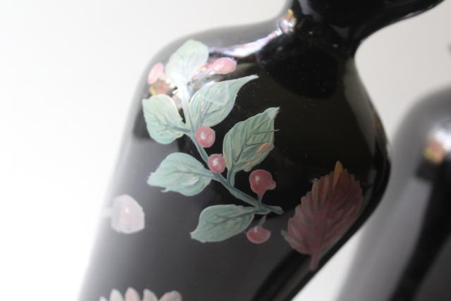 photo of 1930s 40s vintage black amethyst glass vases, art deco hand painted flower vase #3