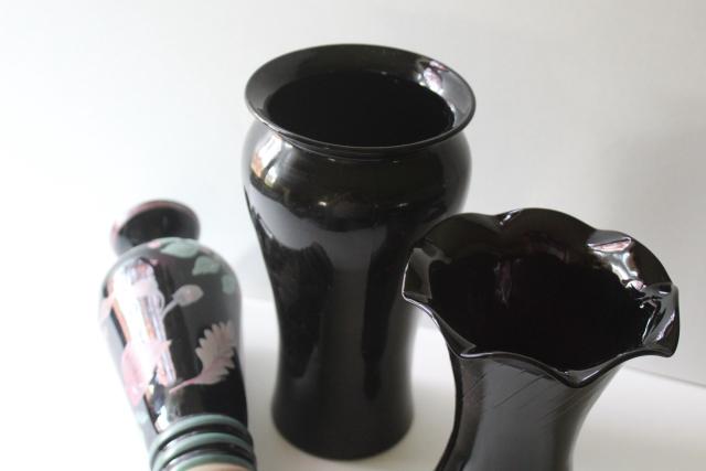 photo of 1930s 40s vintage black amethyst glass vases, art deco hand painted flower vase #5