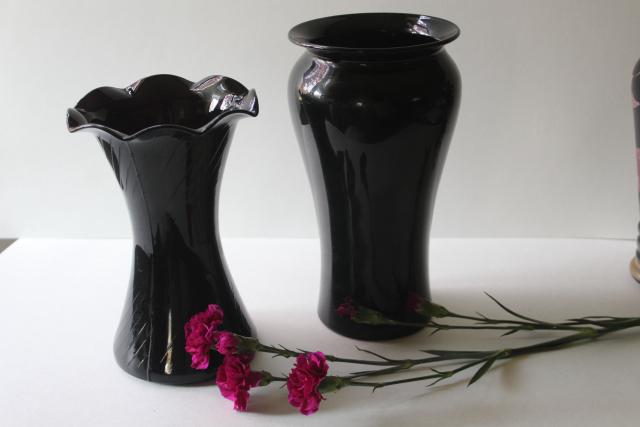 photo of 1930s 40s vintage black amethyst glass vases, art deco hand painted flower vase #8