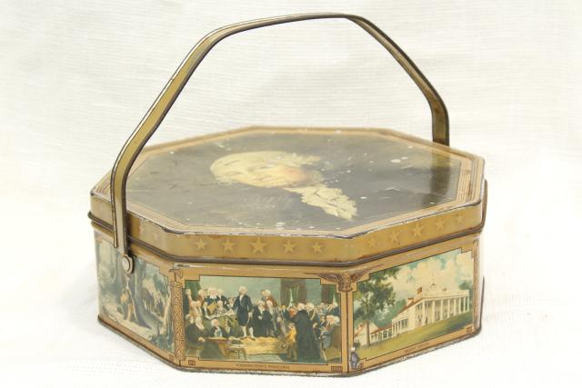 photo of 1930s 40s vintage candy box tin sewing basket w/ George Washington portrait #1