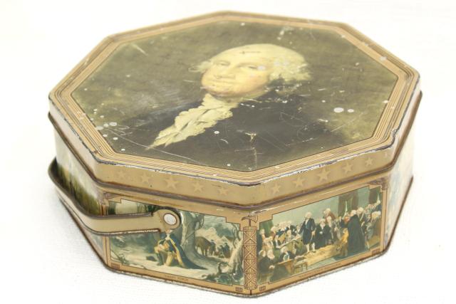 photo of 1930s 40s vintage candy box tin sewing basket w/ George Washington portrait #5