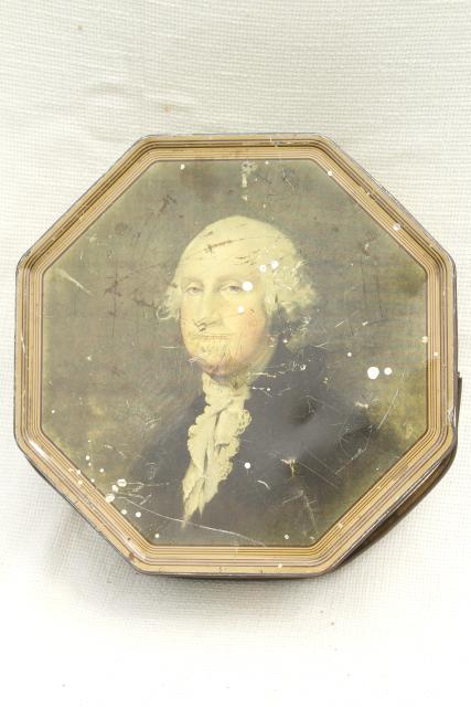 photo of 1930s 40s vintage candy box tin sewing basket w/ George Washington portrait #6