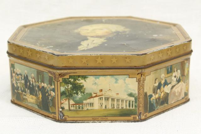 photo of 1930s 40s vintage candy box tin sewing basket w/ George Washington portrait #7