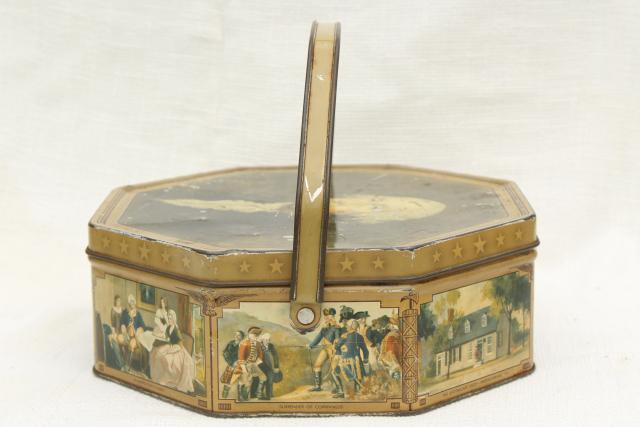 photo of 1930s 40s vintage candy box tin sewing basket w/ George Washington portrait #8