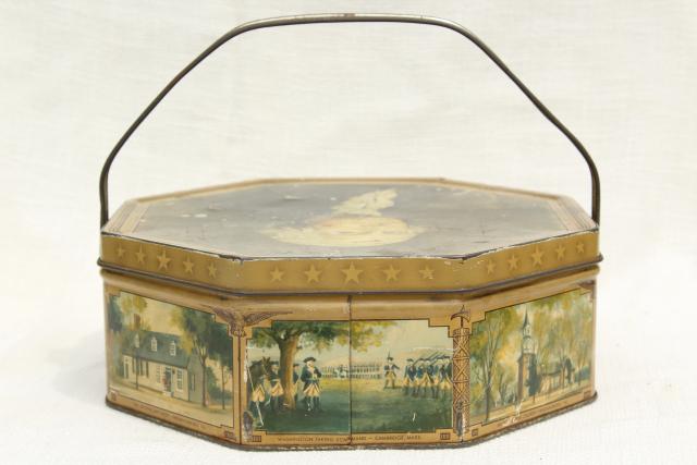 photo of 1930s 40s vintage candy box tin sewing basket w/ George Washington portrait #9