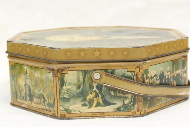 photo of 1930s 40s vintage candy box tin sewing basket w/ George Washington portrait #10