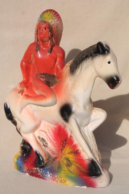 photo of 1930s 40s vintage carnival prize, chalkware Indian on horseback, painted plaster figure #1