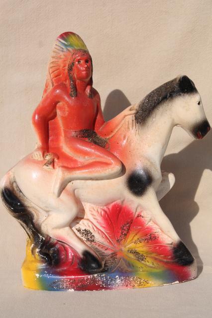 photo of 1930s 40s vintage carnival prize, chalkware Indian on horseback, painted plaster figure #2