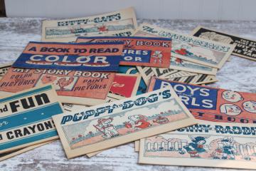 catalog photo of 1930s 40s vintage coloring books, lot unused newsprint paper picture books to paint or color