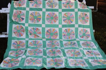catalog photo of 1930s 40s vintage dresden plate quilt top, candy colors print cotton fabric mint green border