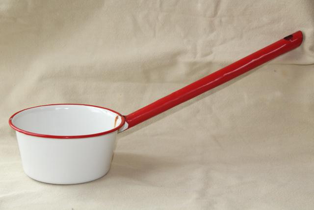 photo of 1930s 40s vintage enamelware ladle / dipper, white enamel w/ red band trim #2