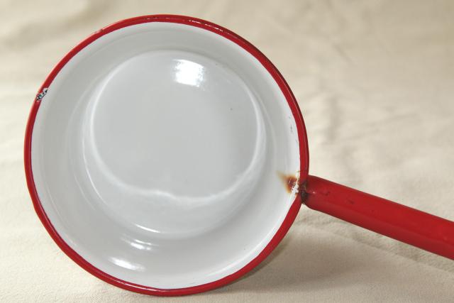 photo of 1930s 40s vintage enamelware ladle / dipper, white enamel w/ red band trim #5