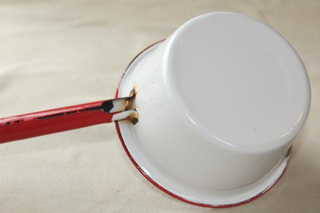 photo of 1930s 40s vintage enamelware ladle / dipper, white enamel w/ red band trim #6