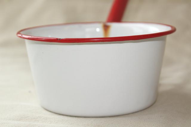 photo of 1930s 40s vintage enamelware ladle / dipper, white enamel w/ red band trim #7