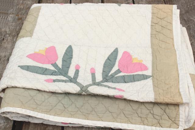 photo of 1930s 40s vintage flour sack feedsack cotton quilt, pink tulip applique #7