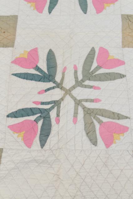 photo of 1930s 40s vintage flour sack feedsack cotton quilt, pink tulip applique #10