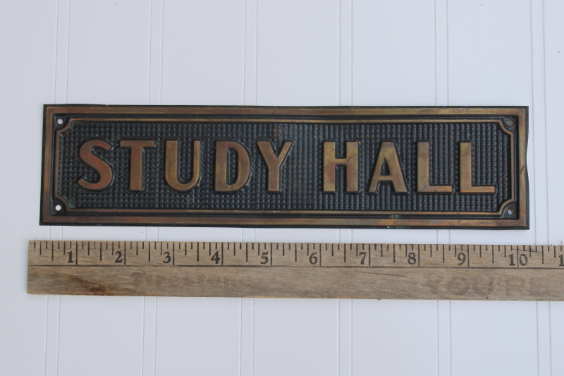 photo of 1930s 40s vintage metal Study Hall door sign, old school plaque antique brass architectural salvage #1