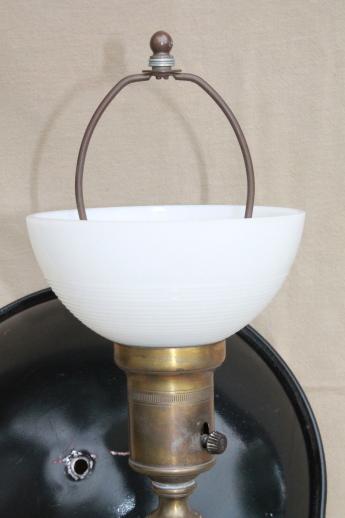 photo of 1930s 40s vintage metal helmet shade brass light, industrial / office desk lamp #7