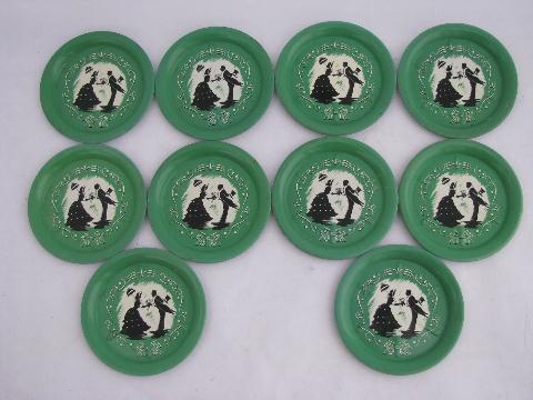 photo of 1930s - 40s vintage metal litho drink coasters, silhouettes on jadite green #1