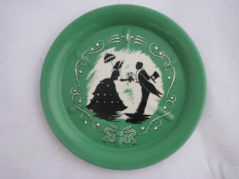 photo of 1930s - 40s vintage metal litho drink coasters, silhouettes on jadite green #2