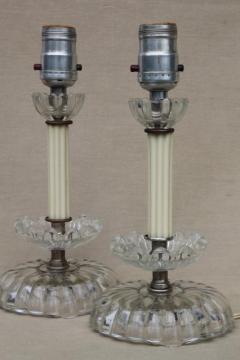 catalog photo of 1930s 40s vintage pair boudoir lamps, pressed glass art deco water lily flowers