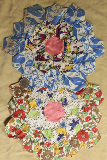 photo of 1930s 40s vintage pieced patchwork quilt blocks, Grandma's flower garden all cotton print fabrics #2