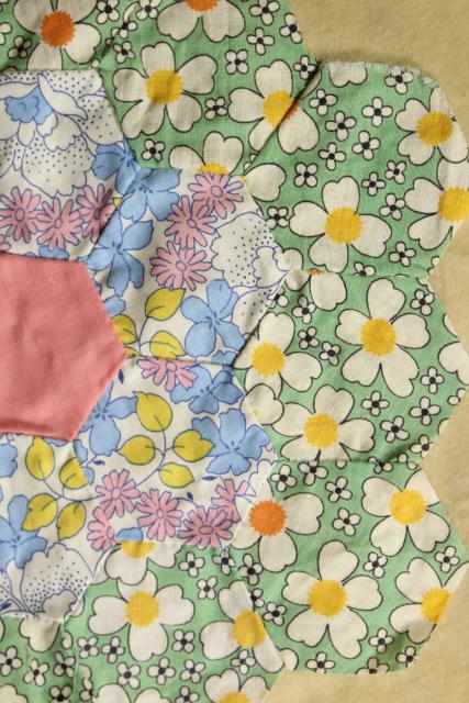 photo of 1930s 40s vintage pieced patchwork quilt blocks, Grandma's flower garden all cotton print fabrics #3