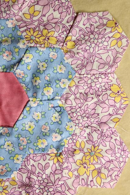 photo of 1930s 40s vintage pieced patchwork quilt blocks, Grandma's flower garden all cotton print fabrics #4