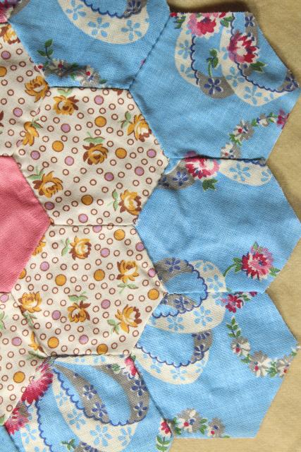 photo of 1930s 40s vintage pieced patchwork quilt blocks, Grandma's flower garden all cotton print fabrics #5