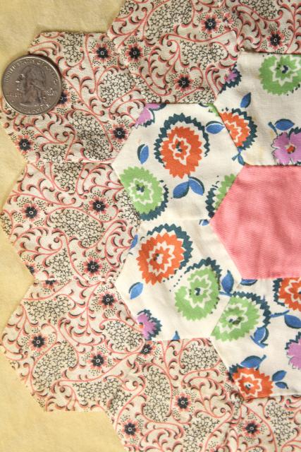 photo of 1930s 40s vintage pieced patchwork quilt blocks, Grandma's flower garden all cotton print fabrics #9