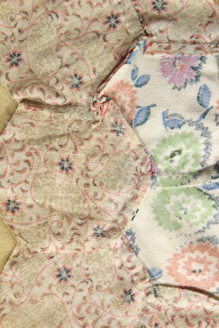 photo of 1930s 40s vintage pieced patchwork quilt blocks, Grandma's flower garden all cotton print fabrics #10