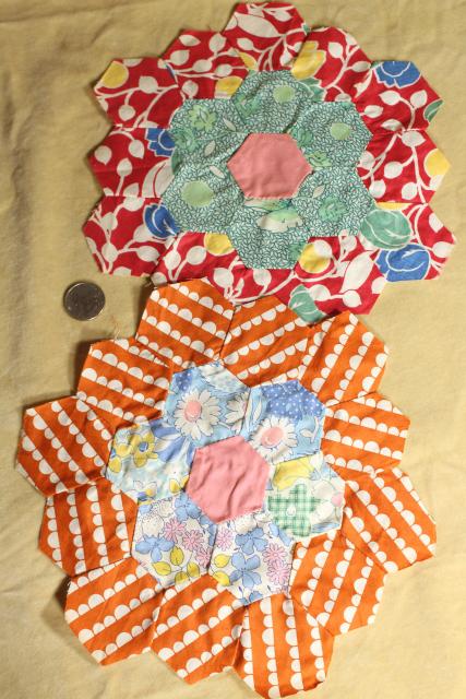 photo of 1930s 40s vintage pieced patchwork quilt blocks, Grandma's flower garden all cotton print fabrics #11