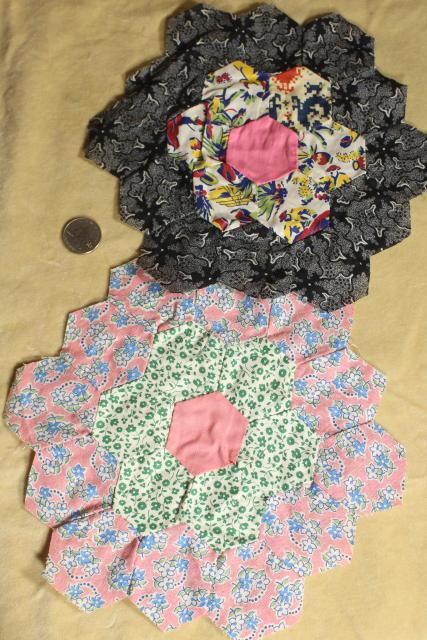 photo of 1930s 40s vintage pieced patchwork quilt blocks, Grandma's flower garden all cotton print fabrics #12