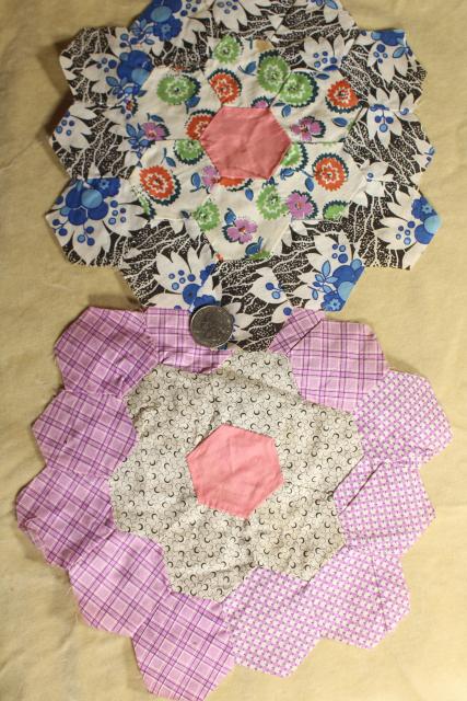 photo of 1930s 40s vintage pieced patchwork quilt blocks, Grandma's flower garden all cotton print fabrics #14