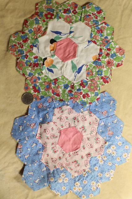 photo of 1930s 40s vintage pieced patchwork quilt blocks, Grandma's flower garden all cotton print fabrics #15