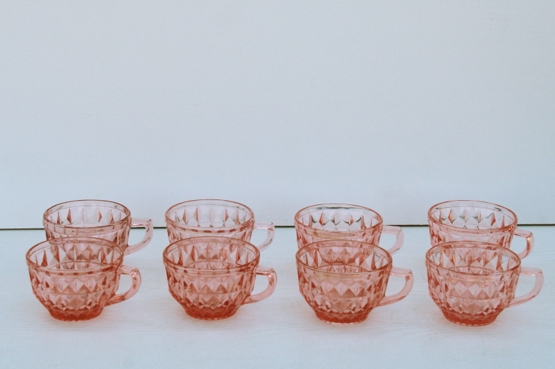 photo of 1930s 40s vintage pink depression glass teacups or punch cups, diamond pattern Windsor Jeannette glass #1