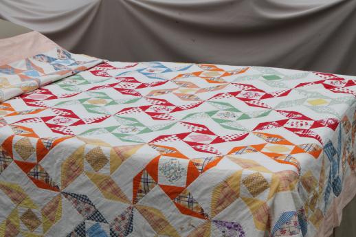 photo of 1930s - 40s vintage pinwheel quilt, cotton feed sack print patchwork quilt #1