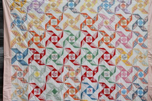 photo of 1930s - 40s vintage pinwheel quilt, cotton feed sack print patchwork quilt #2