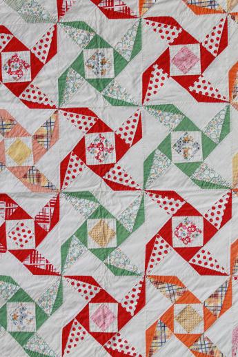 photo of 1930s - 40s vintage pinwheel quilt, cotton feed sack print patchwork quilt #4