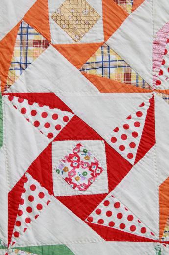 photo of 1930s - 40s vintage pinwheel quilt, cotton feed sack print patchwork quilt #5