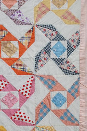 photo of 1930s - 40s vintage pinwheel quilt, cotton feed sack print patchwork quilt #6