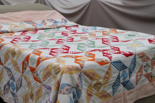 photo of 1930s - 40s vintage pinwheel quilt, cotton feed sack print patchwork quilt #9