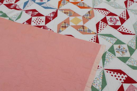 photo of 1930s - 40s vintage pinwheel quilt, cotton feed sack print patchwork quilt #10